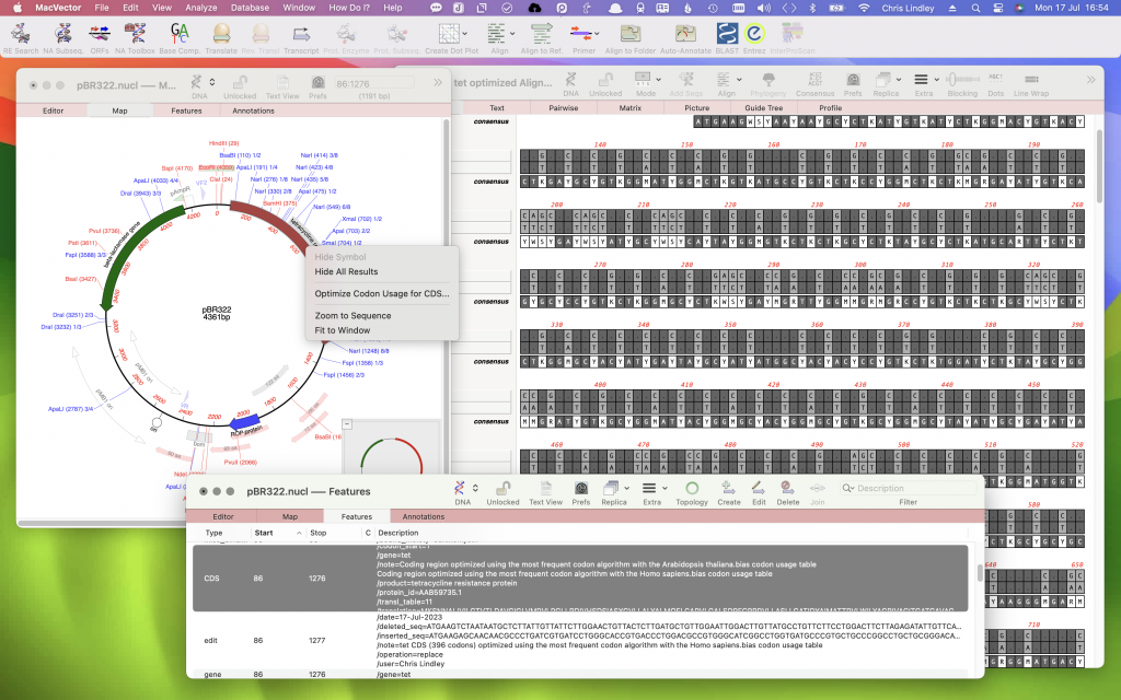 A DNA sequence having a CDS feature optimized for expression in a different organism. Background is macOS Sonoma.