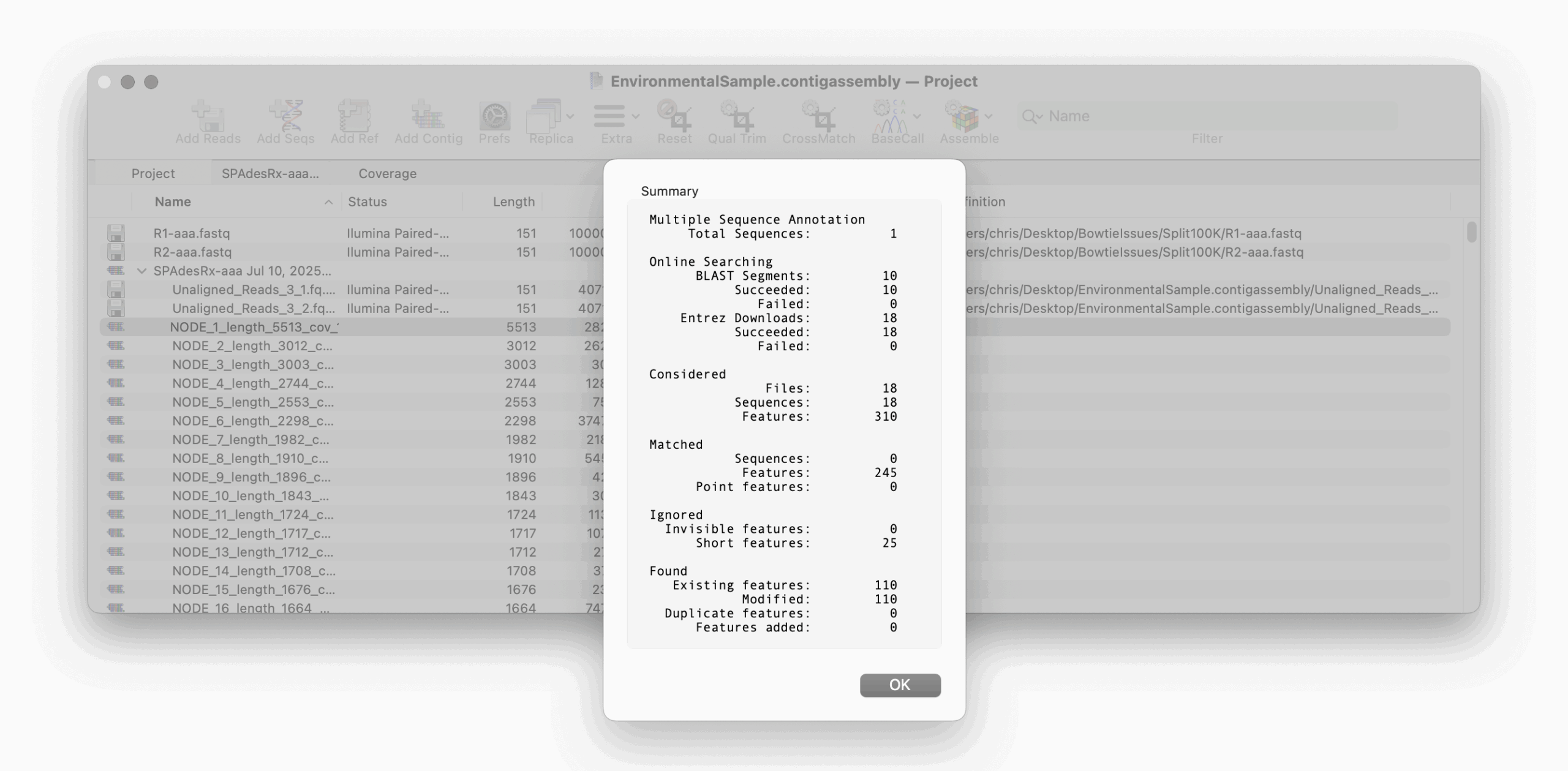A macOS dialog showing annotated sequences against a sequence window