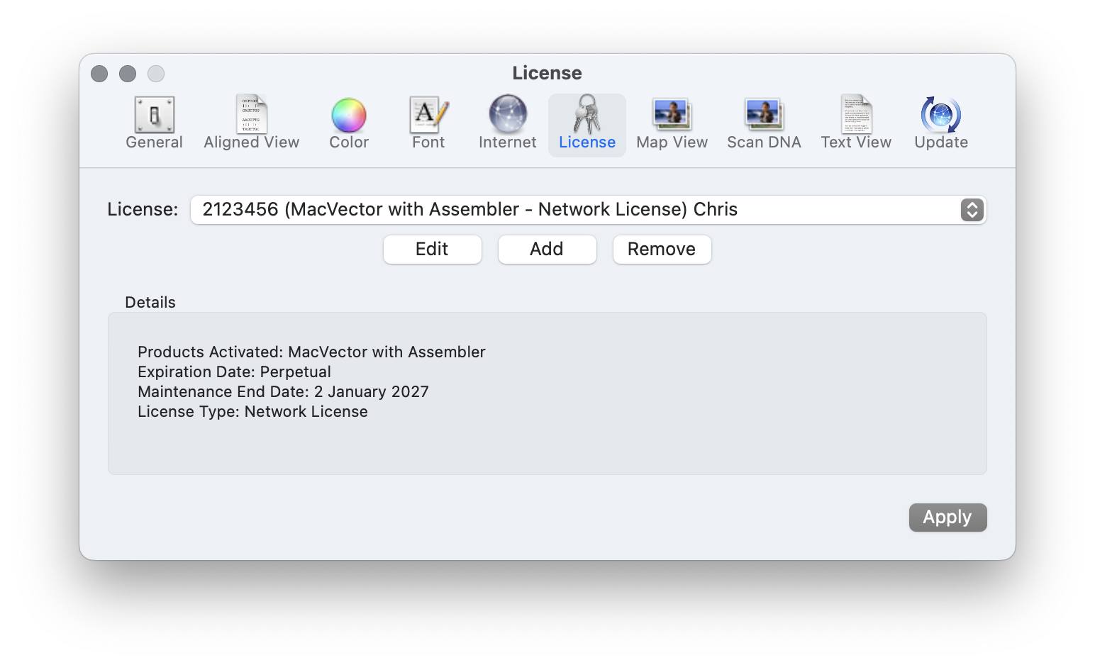 A dialog showing a license being activated in MacVector
