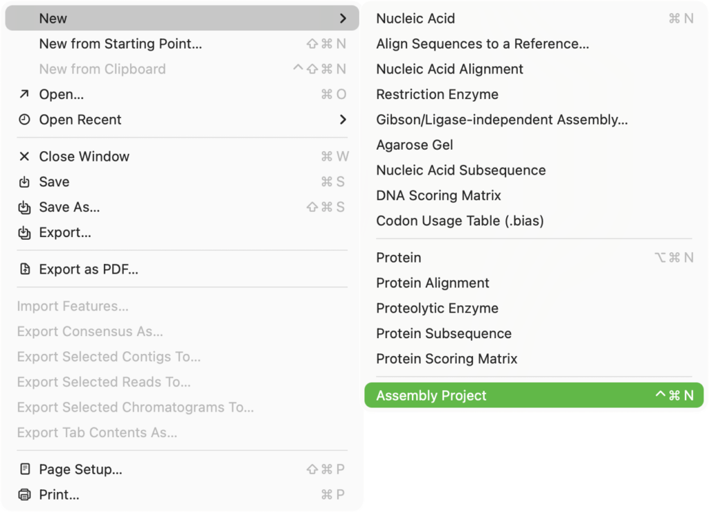 A macOS menu from MacVector