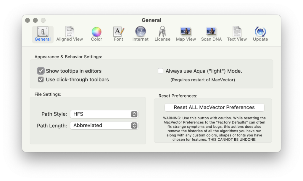 a macOS dialog showing preferences from MacVector