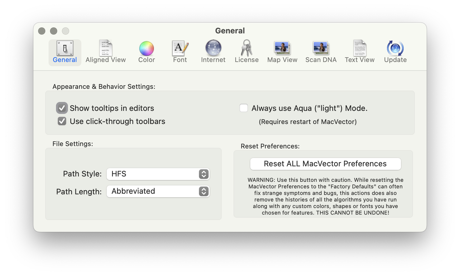 MacVectorTip: MacVector 18.8 has a new Preference Reset button.