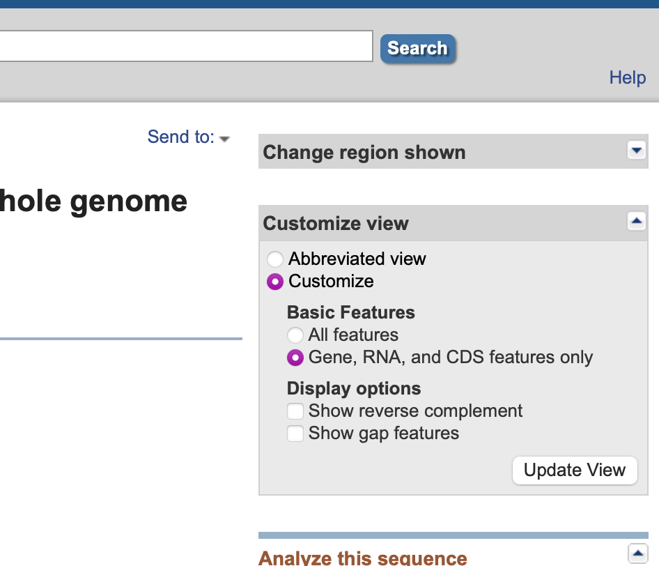 A table showing options for the view of the chromosomes table