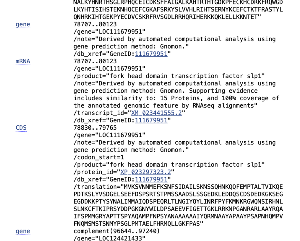 Extract of a Genbank format file of a chromosome