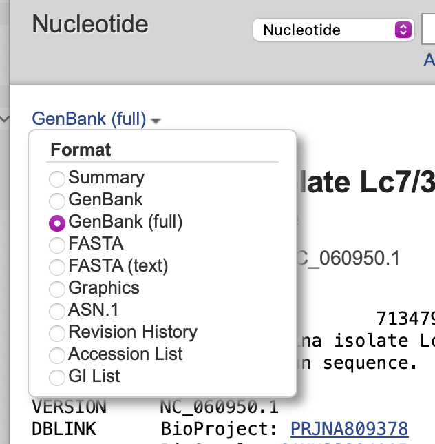 A list of format options to download a gene